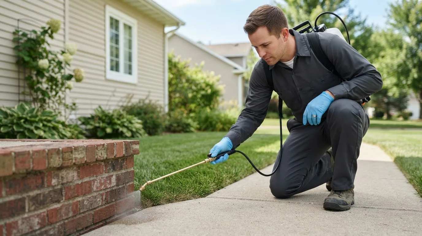 Pest control technician treating a home near Hannastown, PA